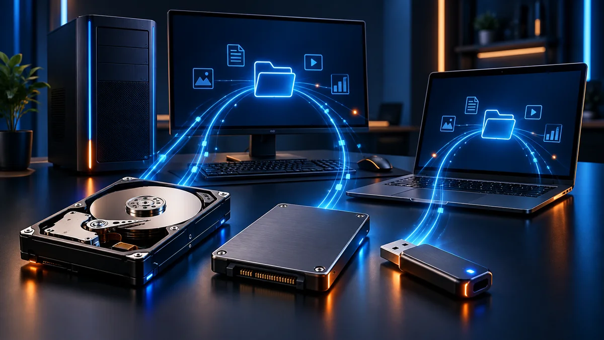 Desktop, notebook, HD, SSD e pen drive para avaliação de dados