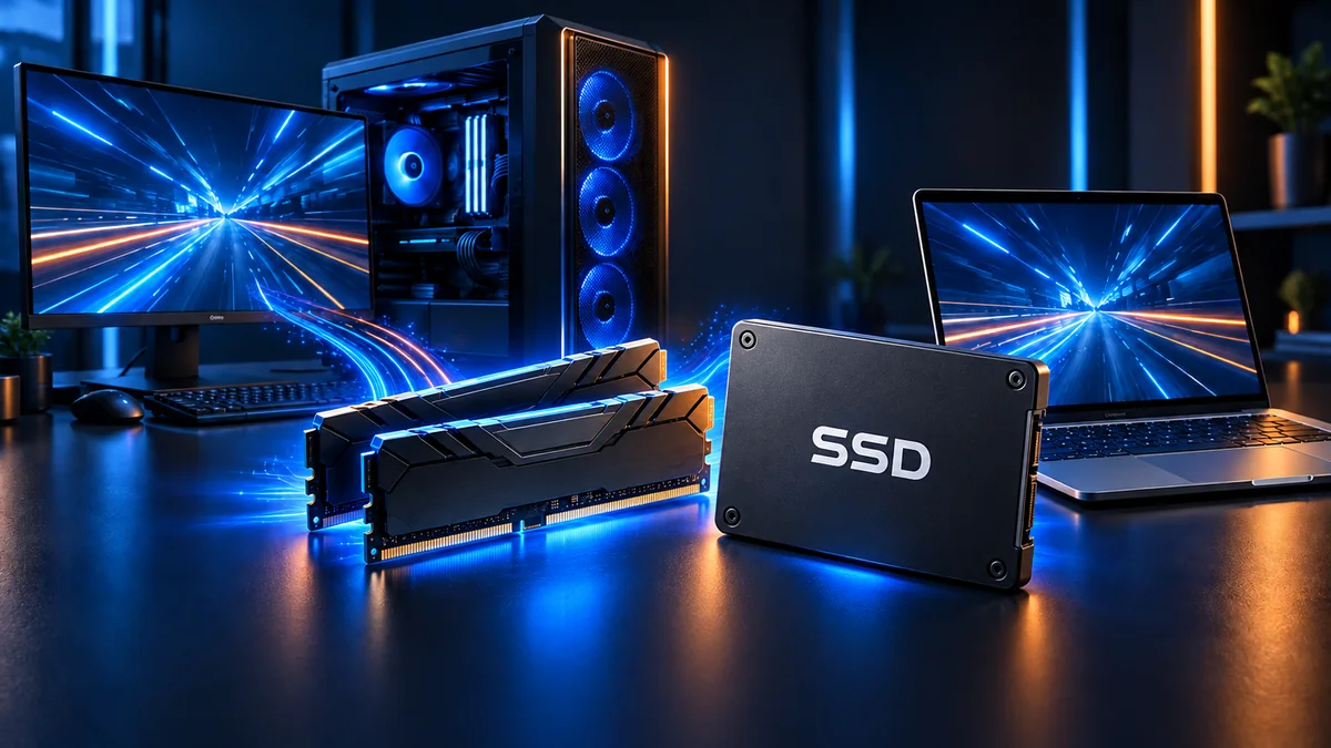 Memórias RAM e um SSD destacado à frente de um desktop e notebook